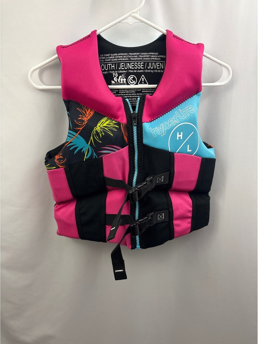 Hyperlite Youth/Juvenile Life Jacket Vest Palm Print Pink Blue Black 55-88lbs